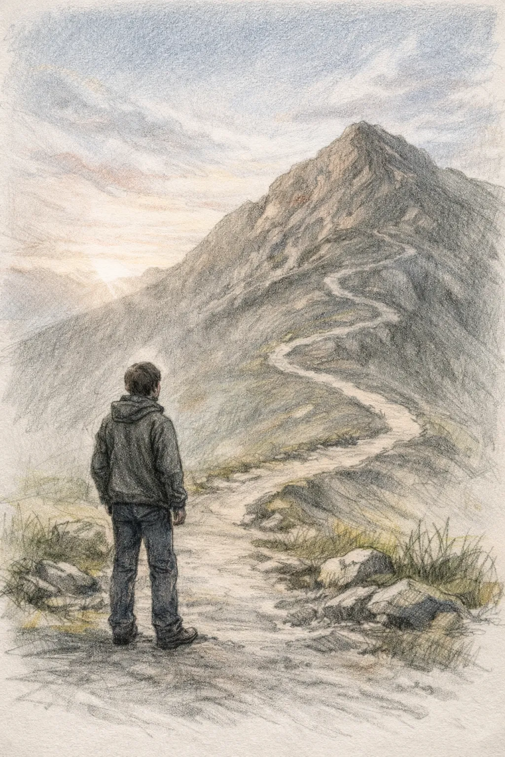 A person looking toward a winding path ahead