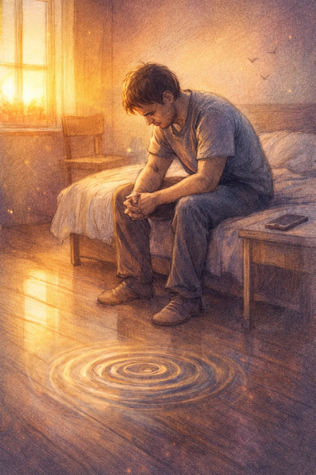 A person sitting alone in a warm, dimly lit room