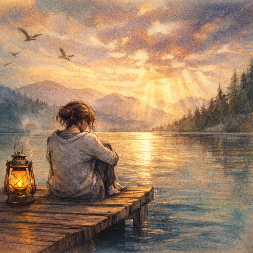A lone figure on a dock at sunset, reflecting on the distance